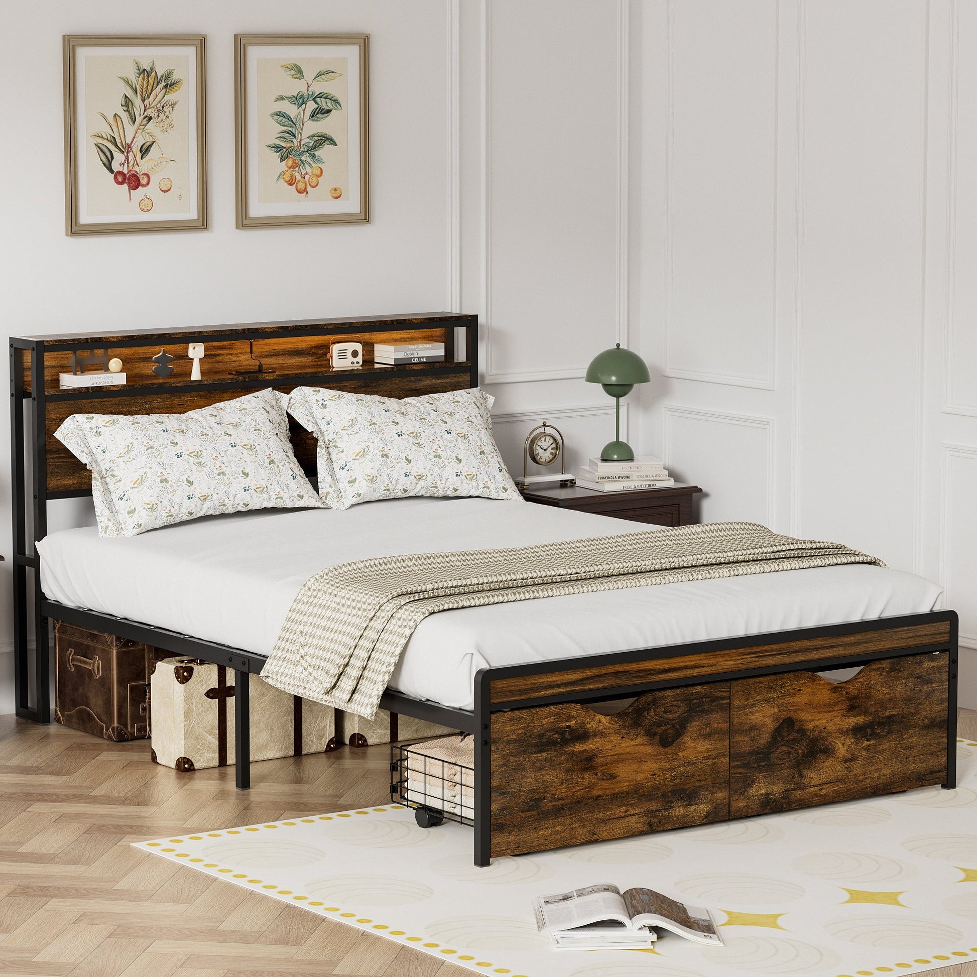 LED Light Full Size Metal Bed Frame with Drawer, Black Heavy Duty Mattress Foundation with Steel Slat Support, Noise Free,81.73"L x 54.13"W x 38.96"H - 7DAY'S