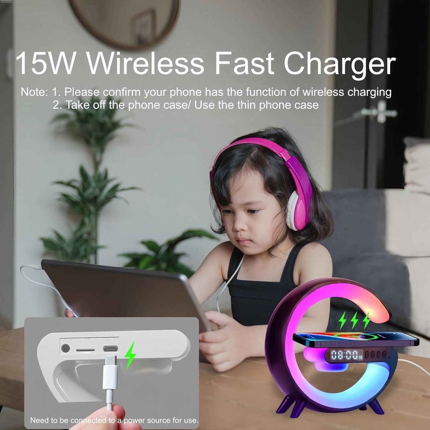 LED Table Lamp with Wireless Charger, Mini G Atmosphere Lamp with Bluetooth Speaker, Night Light Lamp Sunrise Alarm Clock, Smart Light Sound Machine for Bedroom【Mini Size 𝐆𝟔】 - 7DAY'S