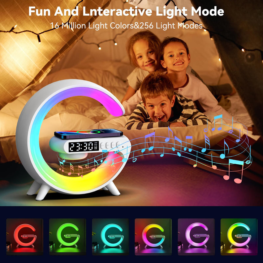 LED Table Lamp with Wireless Charger, Mini G Atmosphere Lamp with Bluetooth Speaker, Night Light Lamp Sunrise Alarm Clock, Smart Light Sound Machine for Bedroom【Mini Size 𝐆𝟔】 - 7DAY'S