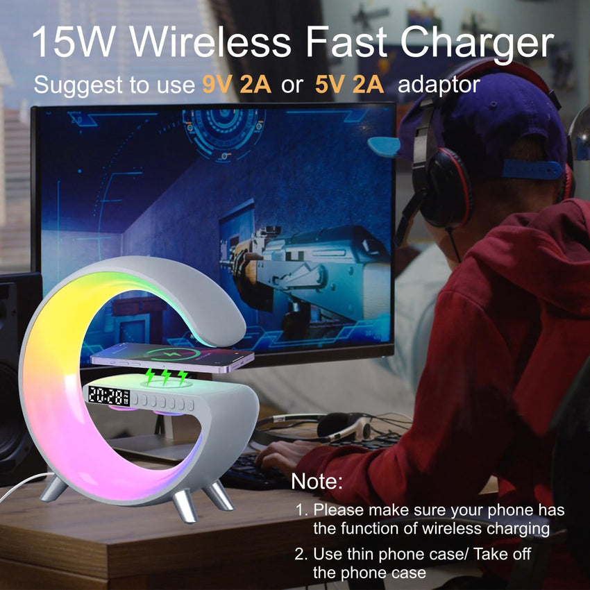 LED Table Lamp with Wireless Charger, Mini G Atmosphere Lamp with Bluetooth Speaker, Night Light Lamp Sunrise Alarm Clock, Smart Light Sound Machine for Bedroom【Mini Size 𝐆𝟔】 - 7DAY'S