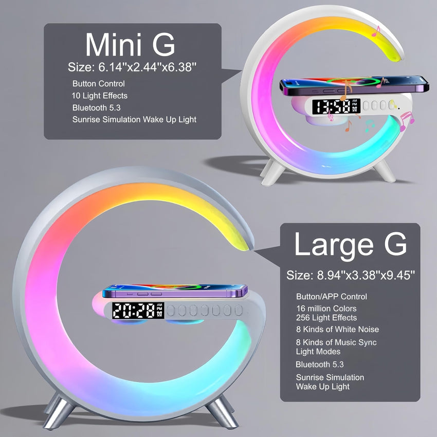 LED Table Lamp with Wireless Charger, Mini G Atmosphere Lamp with Bluetooth Speaker, Night Light Lamp Sunrise Alarm Clock, Smart Light Sound Machine for Bedroom【Mini Size 𝐆𝟔】 - 7DAY'S