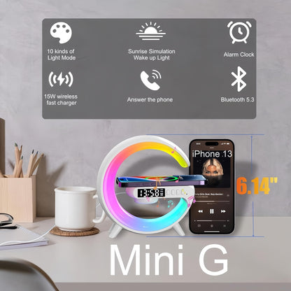 LED Table Lamp with Wireless Charger, Mini G Atmosphere Lamp with Bluetooth Speaker, Night Light Lamp Sunrise Alarm Clock, Smart Light Sound Machine for Bedroom【Mini Size 𝐆𝟔】 - 7DAY'S