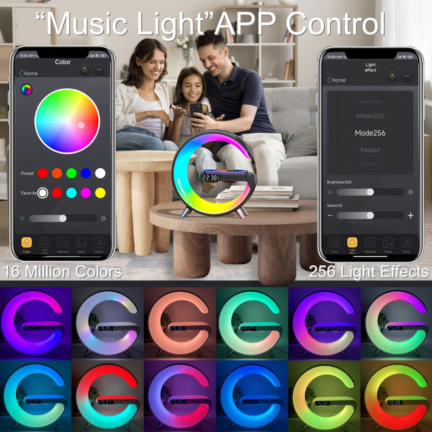 LED Table Lamp with Wireless Charger, Mini G Atmosphere Lamp with Bluetooth Speaker, Night Light Lamp Sunrise Alarm Clock, Smart Light Sound Machine for Bedroom【Mini Size 𝐆𝟔】 - 7DAY'S
