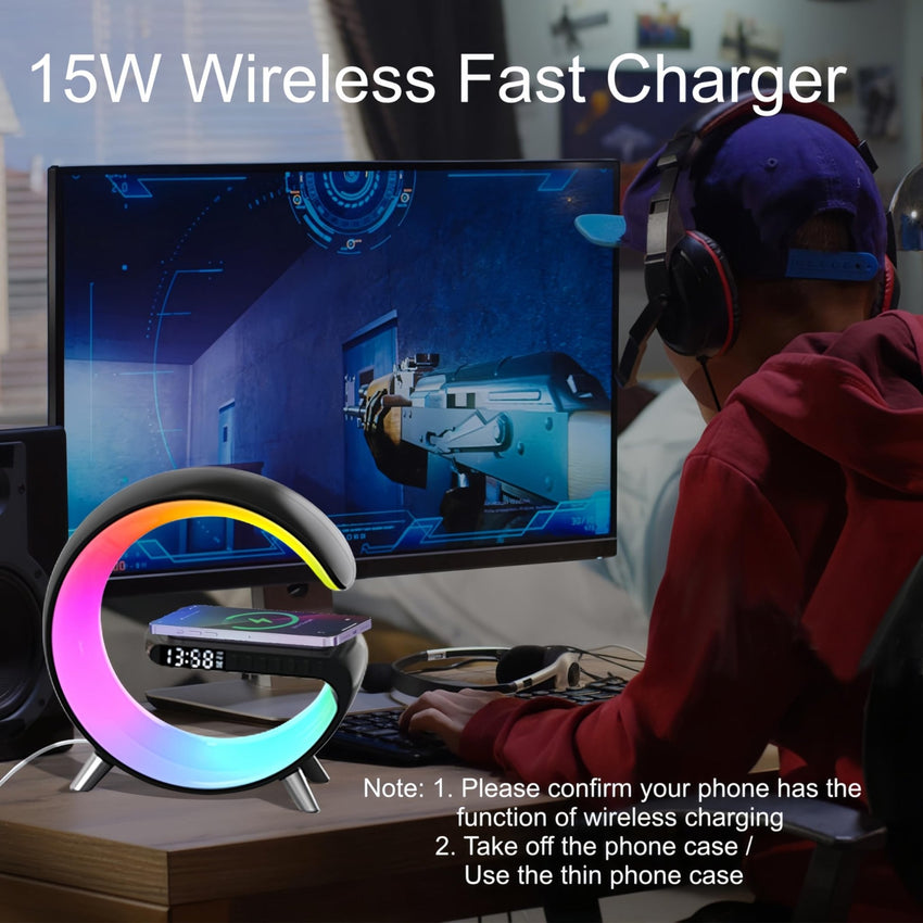 LED Table Lamp with Wireless Charger, Mini G Atmosphere Lamp with Bluetooth Speaker, Night Light Lamp Sunrise Alarm Clock, Smart Light Sound Machine for Bedroom【Mini Size 𝐆𝟔】 - 7DAY'S