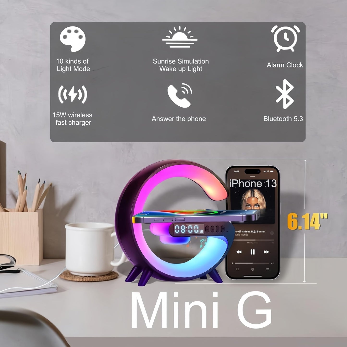 LED Table Lamp with Wireless Charger, Mini G Atmosphere Lamp with Bluetooth Speaker, Night Light Lamp Sunrise Alarm Clock, Smart Light Sound Machine for Bedroom【Mini Size 𝐆𝟔】 - 7DAY'S