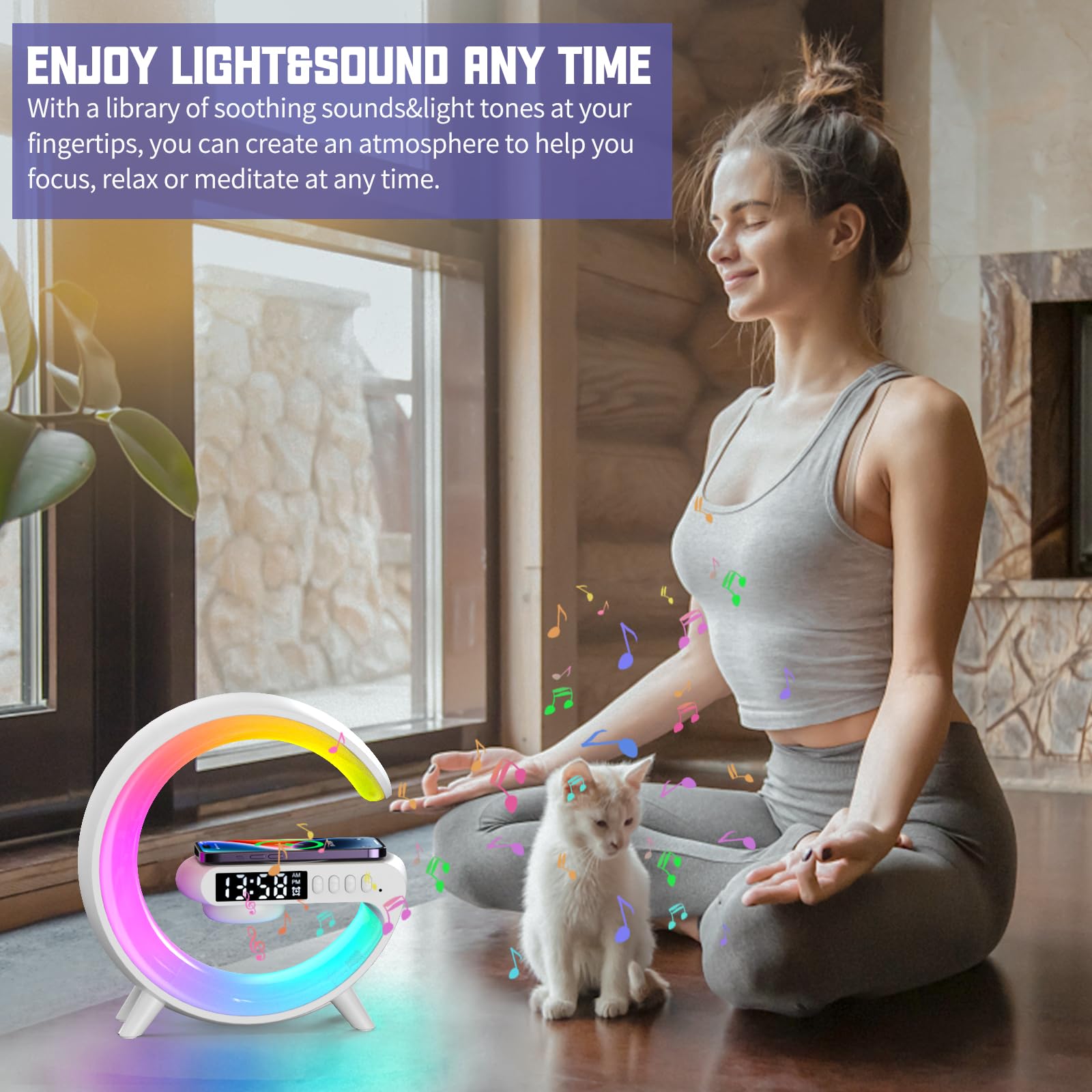 LED Table Lamp with Wireless Charger, Mini G Atmosphere Lamp with Bluetooth Speaker, Night Light Lamp Sunrise Alarm Clock, Smart Light Sound Machine for Bedroom【Mini Size 𝐆𝟔】 - 7DAY'S