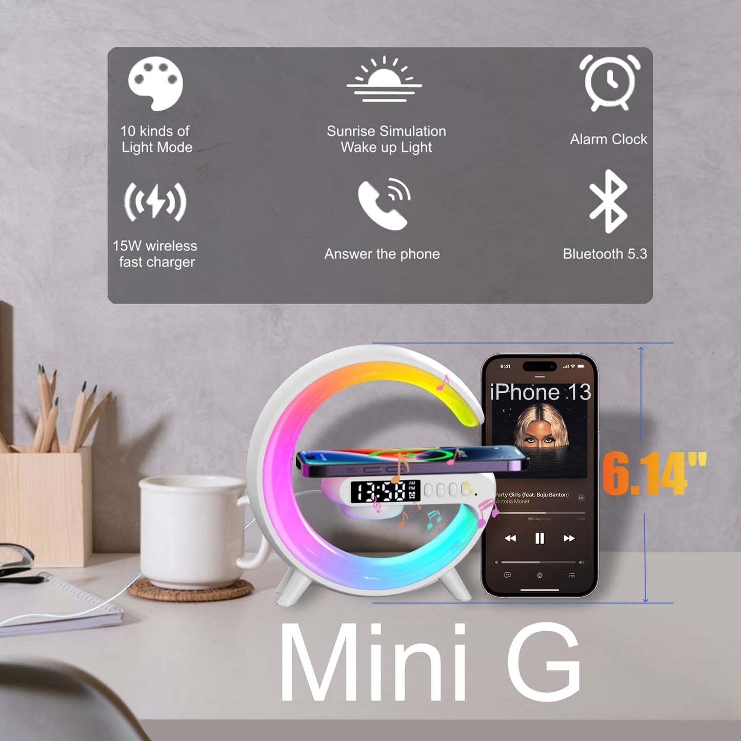 LED Table Lamp with Wireless Charger, Mini G Atmosphere Lamp with Bluetooth Speaker, Night Light Lamp Sunrise Alarm Clock, Smart Light Sound Machine for Bedroom【Mini Size 𝐆𝟔】 - 7DAY'S