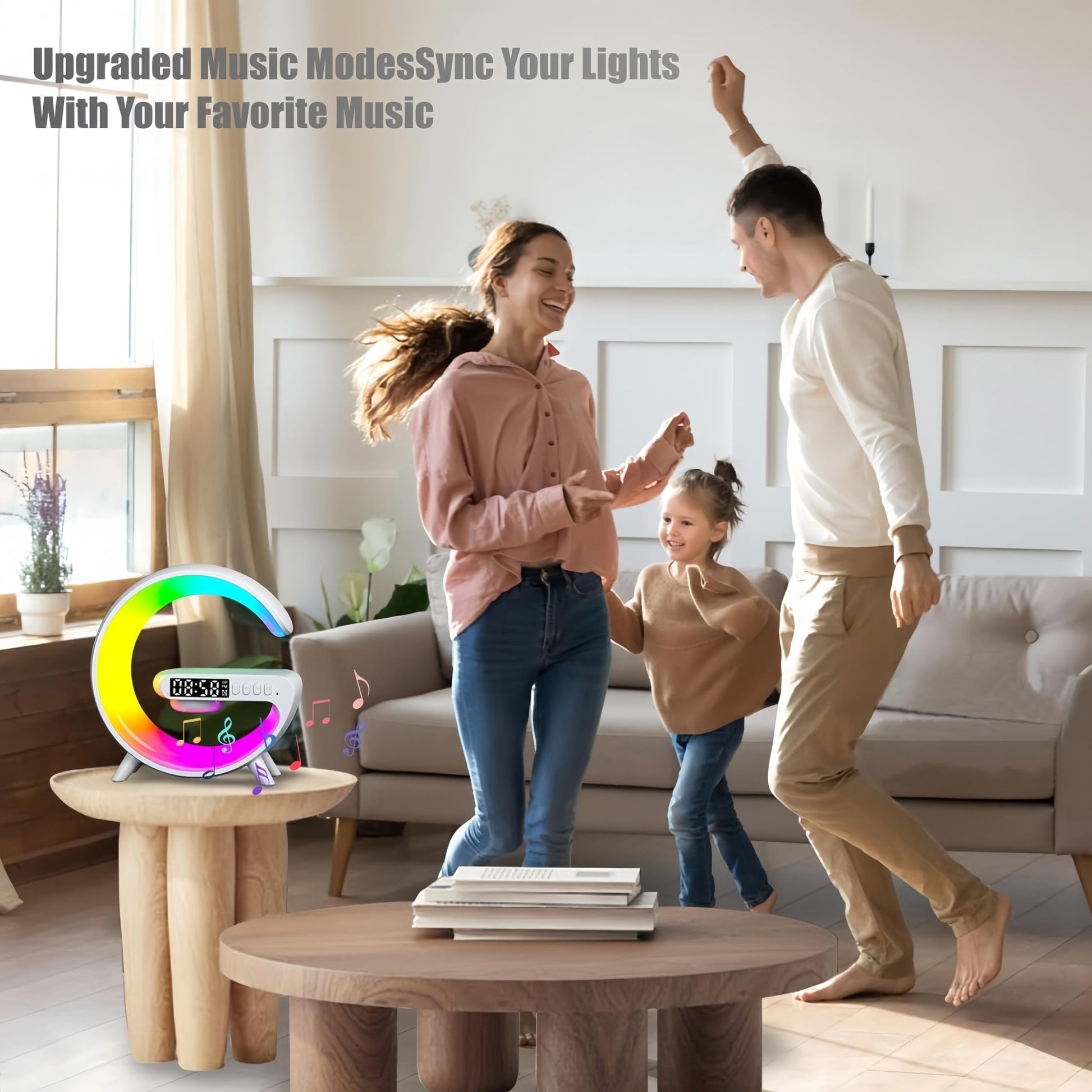 LED Table Lamp with Wireless Charger, Mini G Atmosphere Lamp with Bluetooth Speaker, Night Light Lamp Sunrise Alarm Clock, Smart Light Sound Machine for Bedroom【Mini Size 𝐆𝟔】 - 7DAY'S