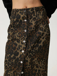 Leopard Button Up Denim Skirt - 7DAY'S