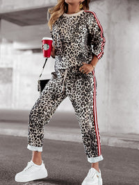 Leopard Round Neck Long Sleeve Top and Pants Set - 7DAY'S