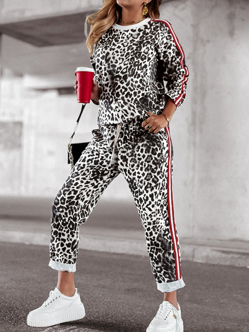 Leopard Round Neck Long Sleeve Top and Pants Set - 7DAY'S