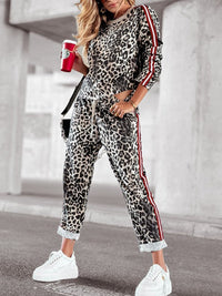 Leopard Round Neck Long Sleeve Top and Pants Set - 7DAY'S