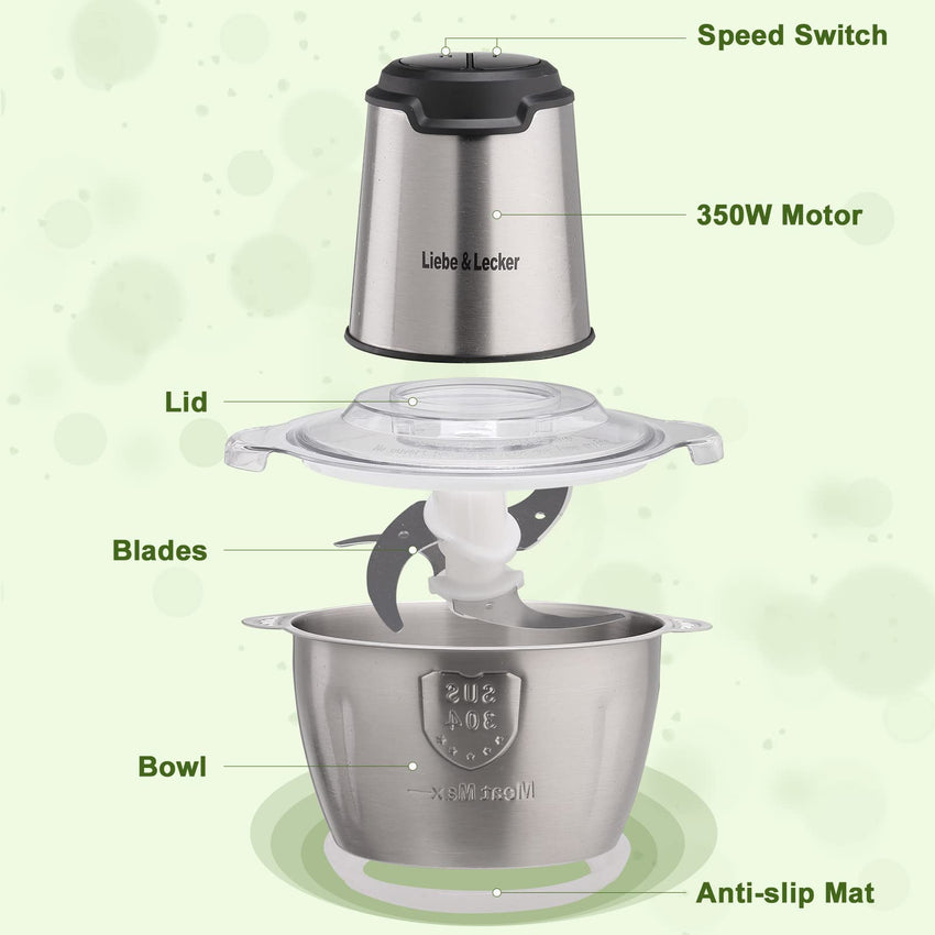 Liebe&Lecker Food Processor, Meat Grinder with 2 Bowls 8 Cup and 8 Cup, Food Chopper Electric Vegetable Chopper with 4 Large Sharp Blades for Fruits, Meat, Vegetables, Baby Food, Nuts, 2 Speed. - 7DAY'S
