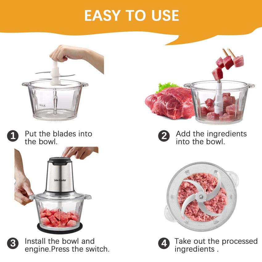 Liebe&Lecker Food Processor, Meat Grinder with 2 Bowls 8 Cup and 8 Cup, Food Chopper Electric Vegetable Chopper with 4 Large Sharp Blades for Fruits, Meat, Vegetables, Baby Food, Nuts, 2 Speed. - 7DAY'S