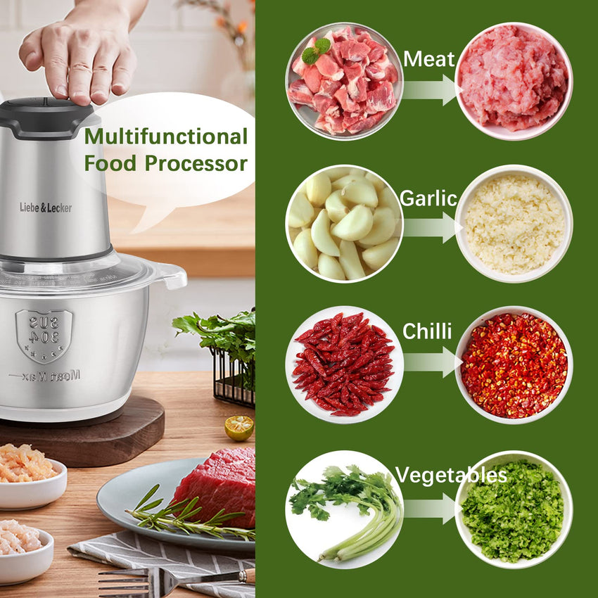 Liebe&Lecker Food Processor, Meat Grinder with 2 Bowls 8 Cup and 8 Cup, Food Chopper Electric Vegetable Chopper with 4 Large Sharp Blades for Fruits, Meat, Vegetables, Baby Food, Nuts, 2 Speed. - 7DAY'S