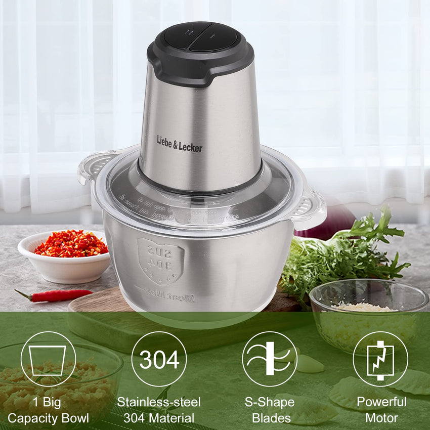 Liebe&Lecker Food Processor, Meat Grinder with 2 Bowls 8 Cup and 8 Cup, Food Chopper Electric Vegetable Chopper with 4 Large Sharp Blades for Fruits, Meat, Vegetables, Baby Food, Nuts, 2 Speed. - 7DAY'S