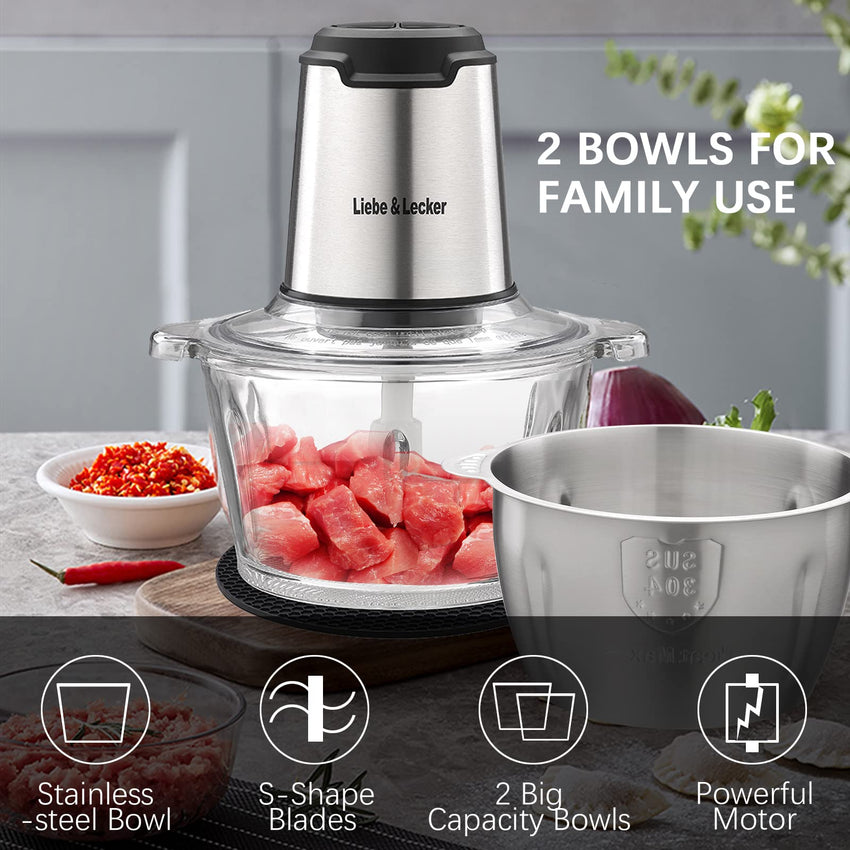 Liebe&Lecker Food Processor, Meat Grinder with 2 Bowls 8 Cup and 8 Cup, Food Chopper Electric Vegetable Chopper with 4 Large Sharp Blades for Fruits, Meat, Vegetables, Baby Food, Nuts, 2 Speed. - 7DAY'S