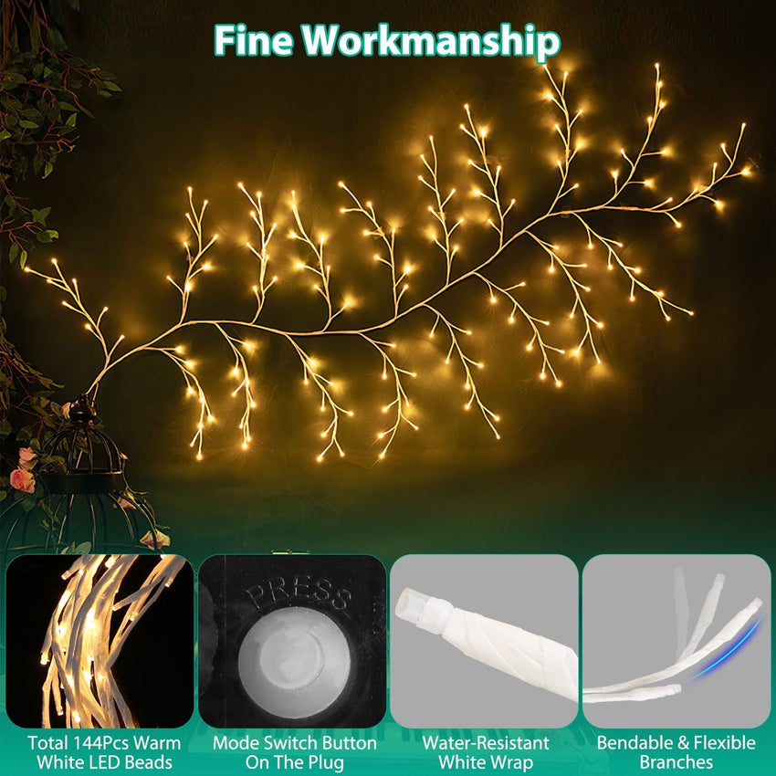 Lighted Birch Garland 7.87FT Lighted Twig Vine Lights 144LED Birch Garland with Lights String Light with Timer 8 Modes IP45 Waterproof for Christmas Fireplace Home Decoration - 7DAY'S