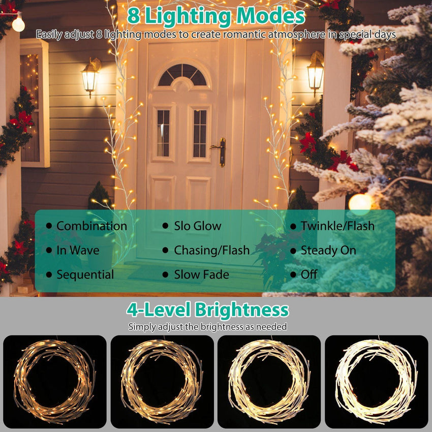 Lighted Birch Garland 7.87FT Lighted Twig Vine Lights 144LED Birch Garland with Lights String Light with Timer 8 Modes IP45 Waterproof for Christmas Fireplace Home Decoration - 7DAY'S