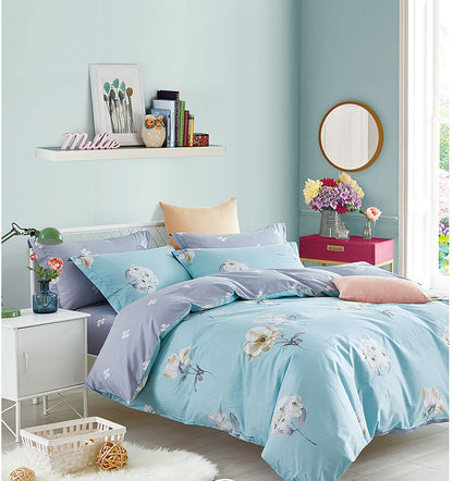 Lillian Blue/Yellow Floral 100% Cotton Reversible Comforter Set - 7DAY'S