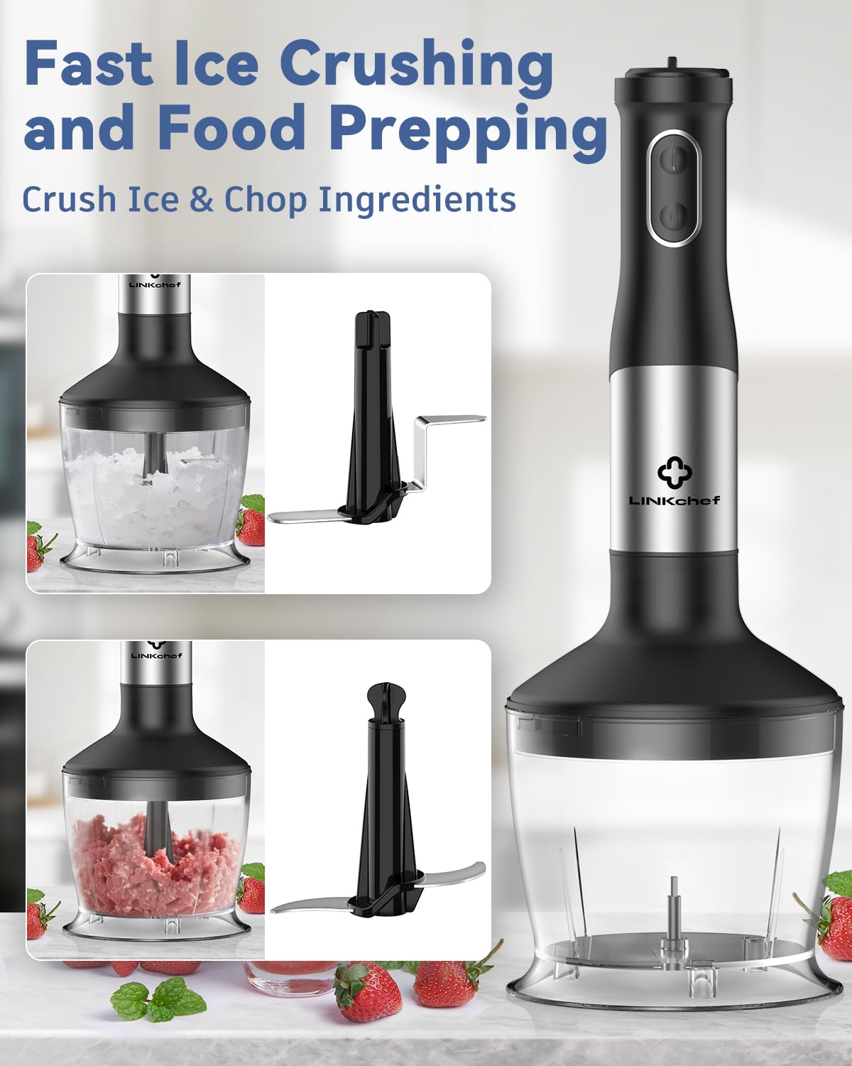LINKChef 7 in 1 Immersion Blender Handheld, 800W Hand Blender Set, Scratch Resistant with 2 Titanium Steel Blades, 20 Speed and Turbo Mode, Includes Whisk, Milk Frother, Food Processor & Beaker - 7DAY'S
