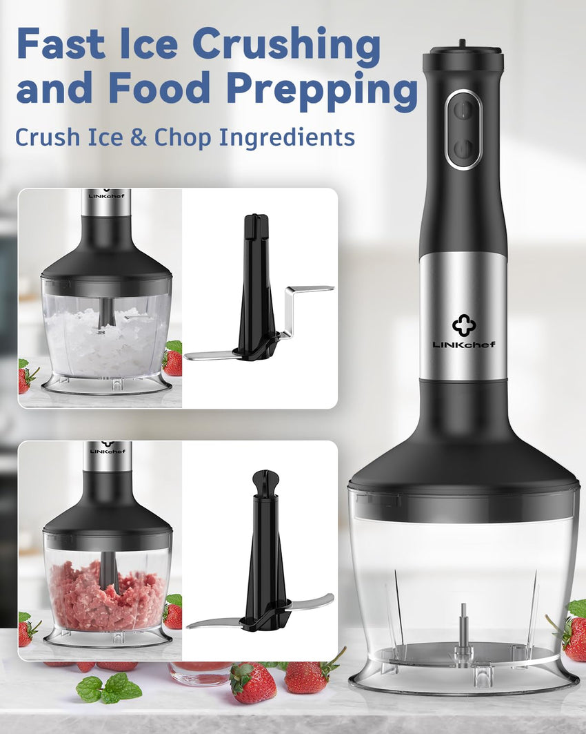 LINKChef 7 in 1 Immersion Blender Handheld, 800W Hand Blender Set, Scratch Resistant with 2 Titanium Steel Blades, 20 Speed and Turbo Mode, Includes Whisk, Milk Frother, Food Processor & Beaker - 7DAY'S