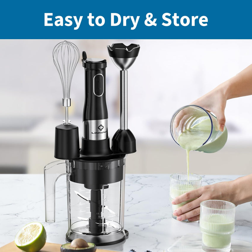 LINKChef 7 in 1 Immersion Blender Handheld, 800W Hand Blender Set, Scratch Resistant with 2 Titanium Steel Blades, 20 Speed and Turbo Mode, Includes Whisk, Milk Frother, Food Processor & Beaker - 7DAY'S