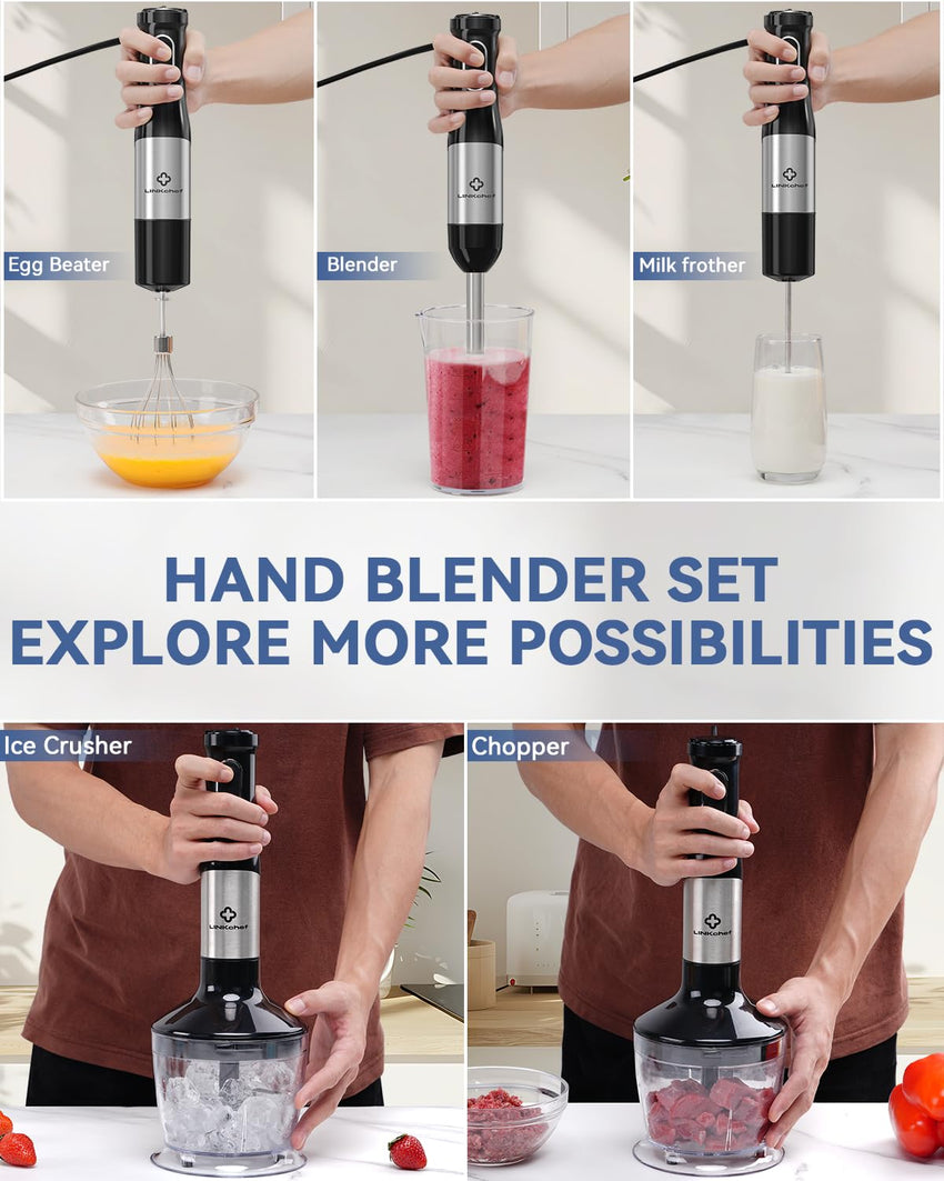 LINKChef 7 in 1 Immersion Blender Handheld, 800W Hand Blender Set, Scratch Resistant with 2 Titanium Steel Blades, 20 Speed and Turbo Mode, Includes Whisk, Milk Frother, Food Processor & Beaker - 7DAY'S
