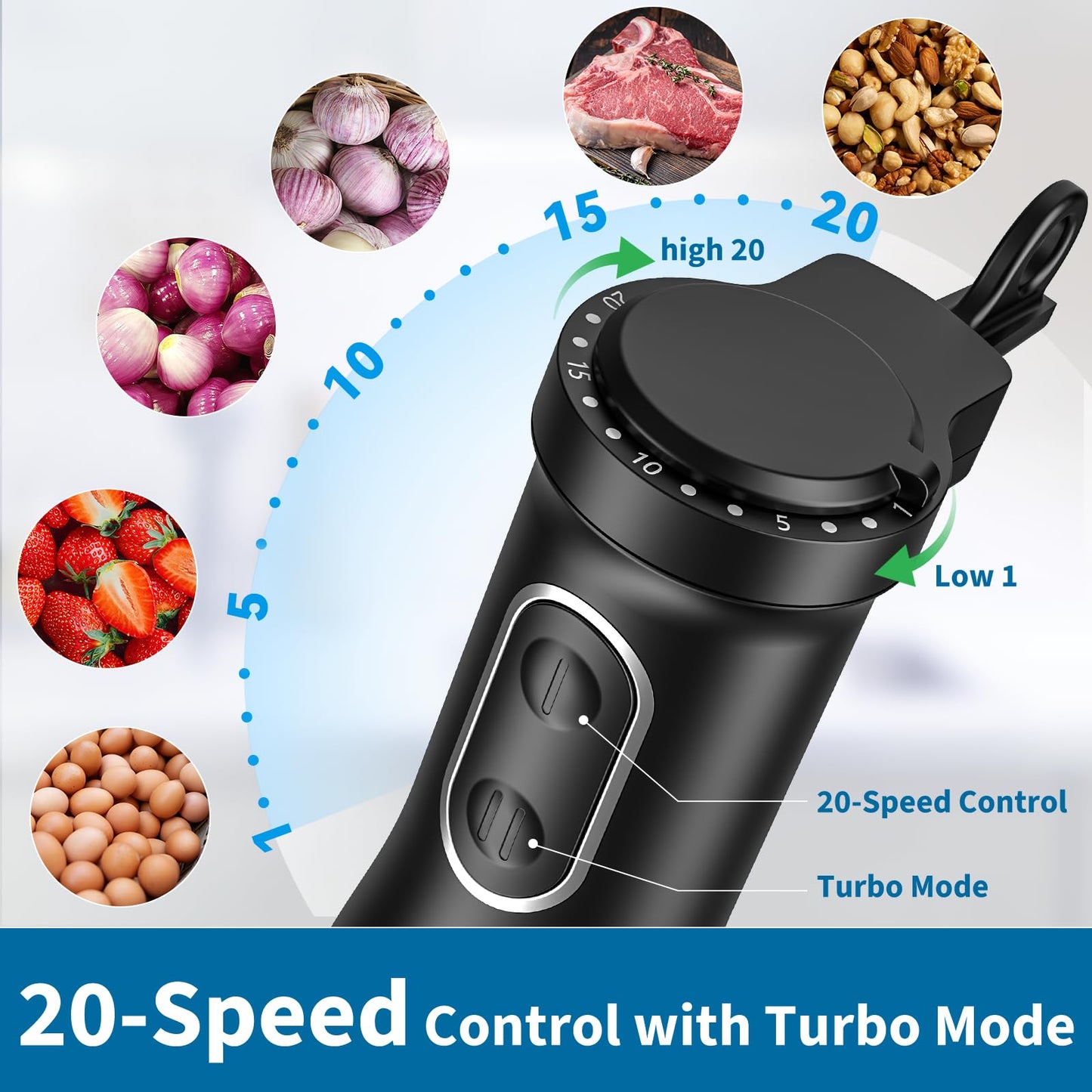 LINKChef 7 in 1 Immersion Blender Handheld, 800W Hand Blender Set, Scratch Resistant with 2 Titanium Steel Blades, 20 Speed and Turbo Mode, Includes Whisk, Milk Frother, Food Processor & Beaker - 7DAY'S