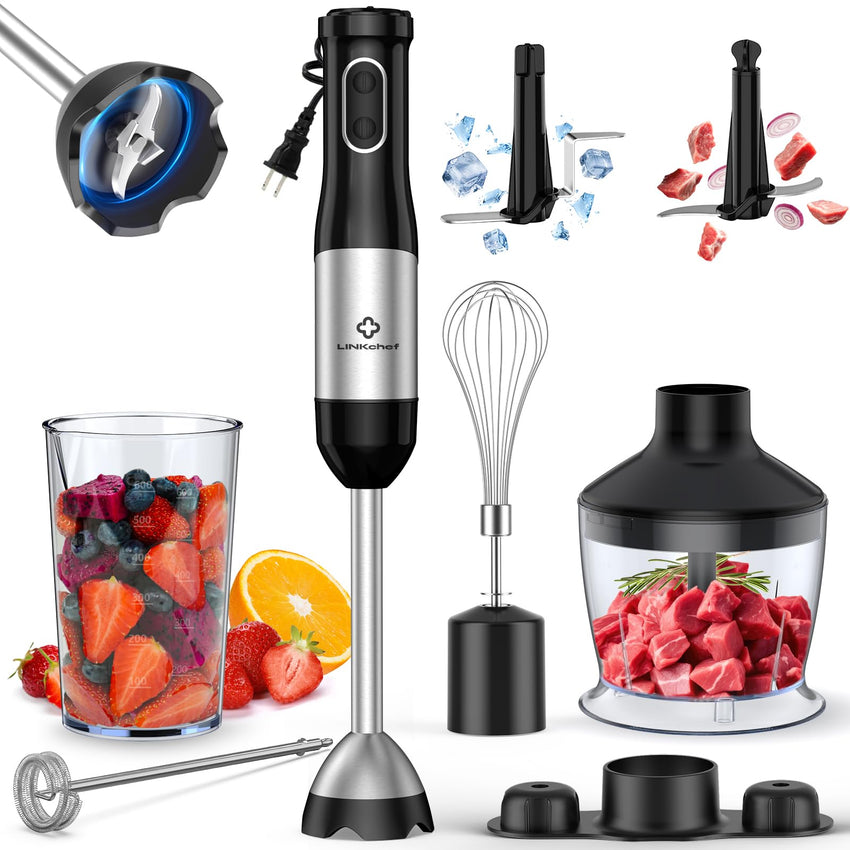 LINKChef 7 in 1 Immersion Blender Handheld, 800W Hand Blender Set, Scratch Resistant with 2 Titanium Steel Blades, 20 Speed and Turbo Mode, Includes Whisk, Milk Frother, Food Processor & Beaker - 7DAY'S