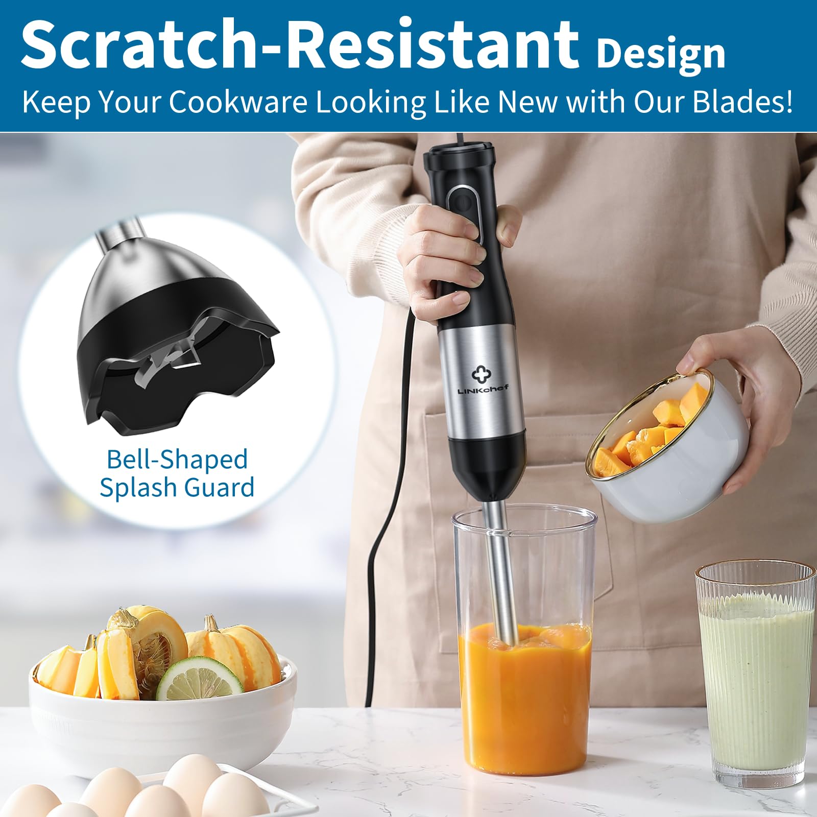 LINKChef 7 in 1 Immersion Blender Handheld, 800W Hand Blender Set, Scratch Resistant with 2 Titanium Steel Blades, 20 Speed and Turbo Mode, Includes Whisk, Milk Frother, Food Processor & Beaker - 7DAY'S
