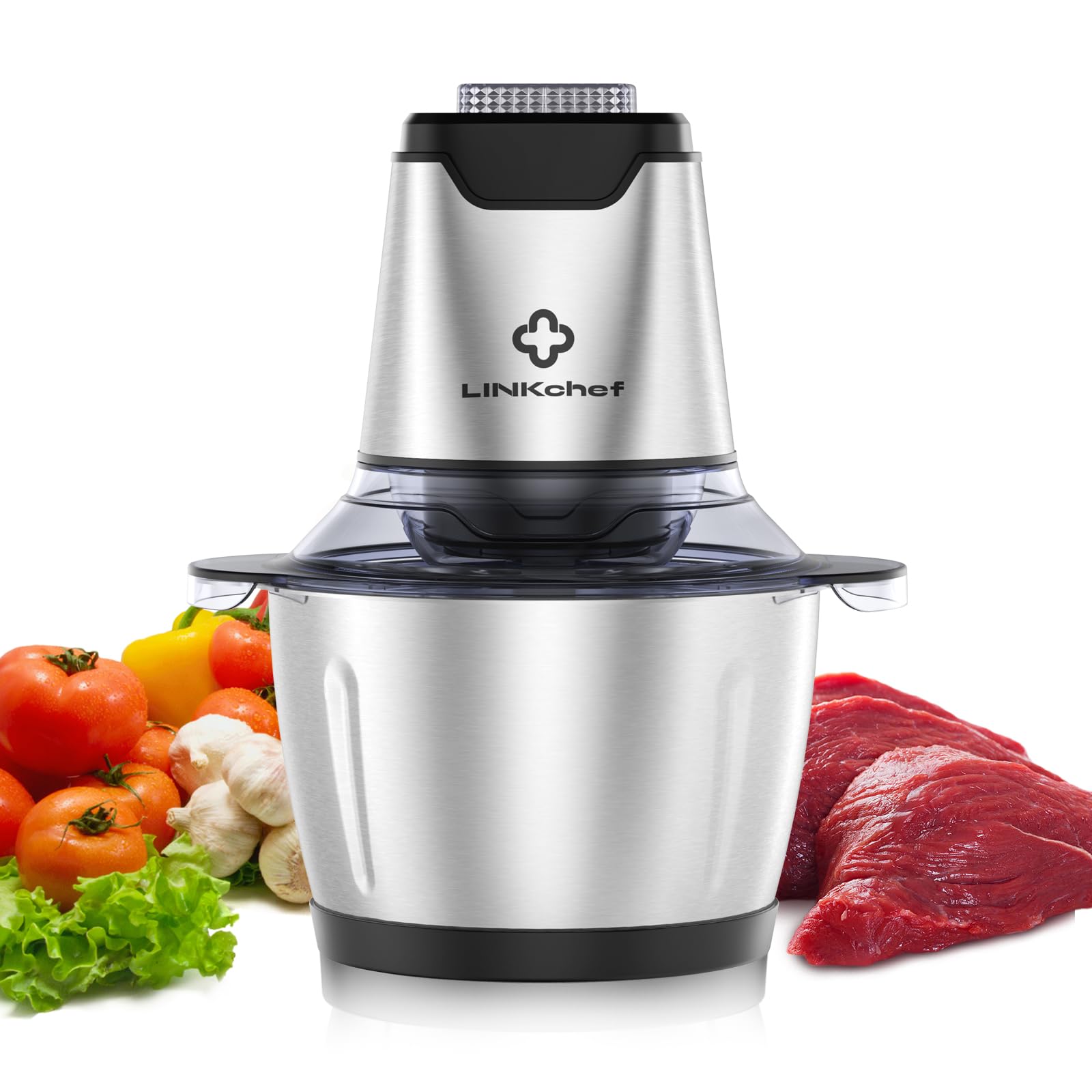LINKChef Food Chopper, 8 Cup Food Processor Mini Electric, 2L 600W Meat Grinder with 4 Bi - Level Blades, Stainless Steel Mincer for Kitchen, Vegetable, Onion, Garlic, Salad, Baby Food, Fruit, Nuts - 7DAY'S