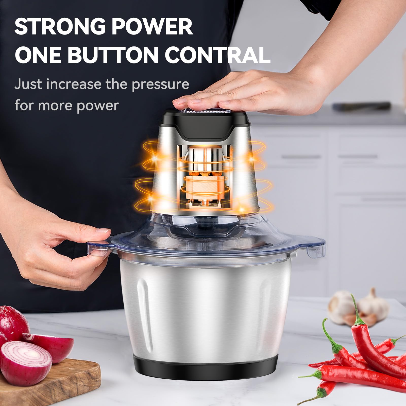 LINKChef Food Chopper, 8 Cup Food Processor Mini Electric, 2L 600W Meat Grinder with 4 Bi - Level Blades, Stainless Steel Mincer for Kitchen, Vegetable, Onion, Garlic, Salad, Baby Food, Fruit, Nuts - 7DAY'S