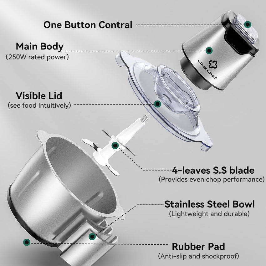 LINKChef Food Chopper, 8 Cup Food Processor Mini Electric, 2L 600W Meat Grinder with 4 Bi - Level Blades, Stainless Steel Mincer for Kitchen, Vegetable, Onion, Garlic, Salad, Baby Food, Fruit, Nuts - 7DAY'S