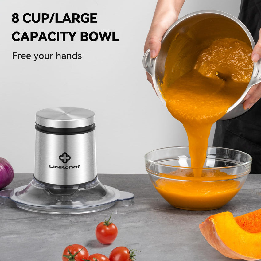 LINKChef Food Chopper, 8 Cup Food Processor Mini Electric, 2L 600W Meat Grinder with 4 Bi - Level Blades, Stainless Steel Mincer for Kitchen, Vegetable, Onion, Garlic, Salad, Baby Food, Fruit, Nuts - 7DAY'S