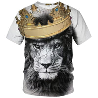 Lion King Men's Shirt Lion Head Wearing Crown Domineering White T-Shirt - 7DAY'S