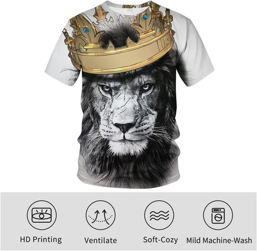 Lion King Men's Shirt Lion Head Wearing Crown Domineering White T-Shirt - 7DAY'S