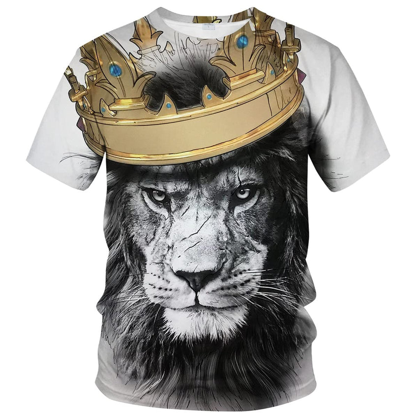 Lion King Men's Shirt Lion Head Wearing Crown Domineering White T-Shirt - 7DAY'S