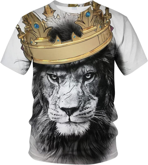 Lion King Men's Shirt Lion Head Wearing Crown Domineering White T-Shirt