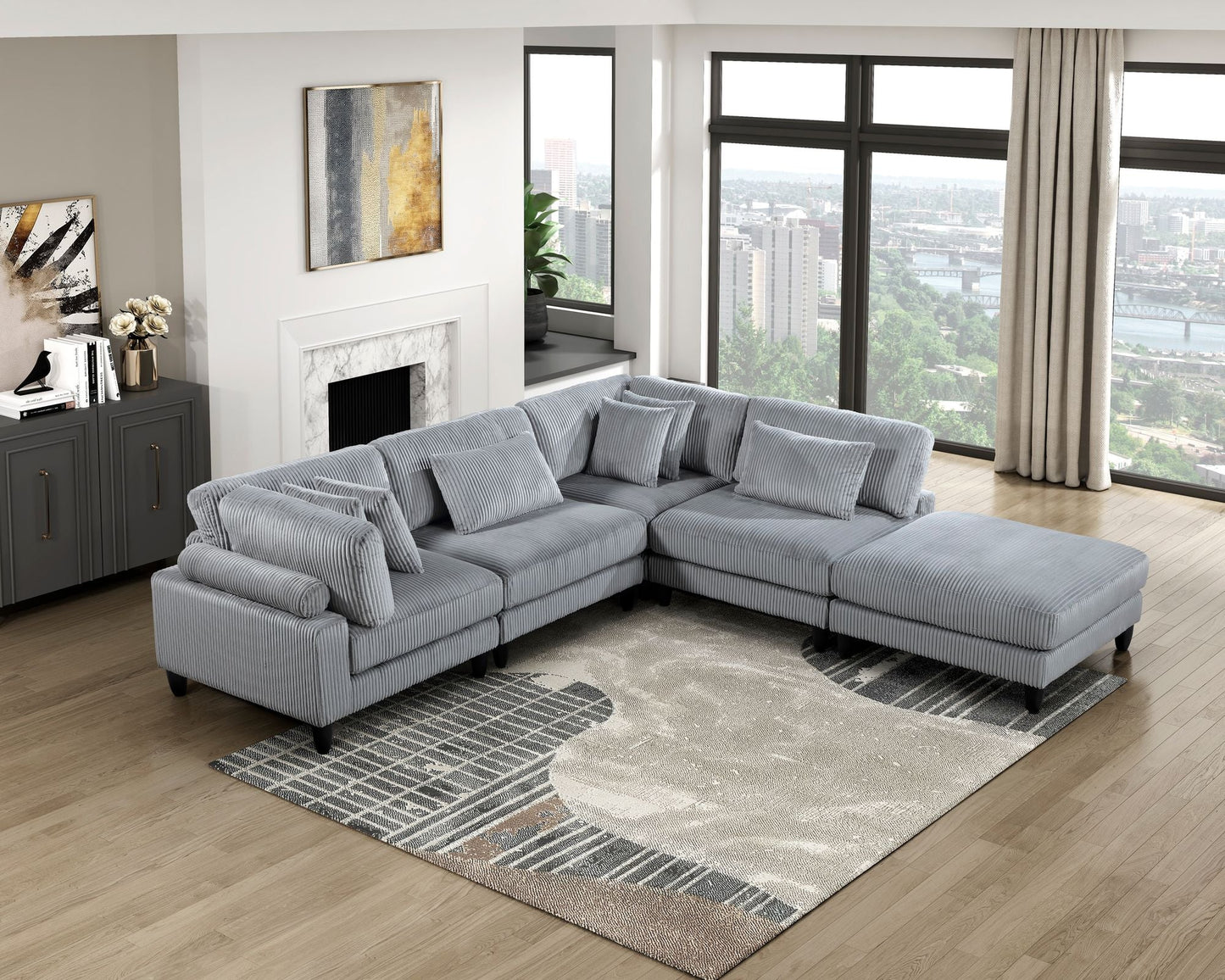 Living Room Furniture Corner Chair Gray Corduroy Upholstery 1pc Corner Wedge Soft Cushion Solid Wood Legs - 7DAY'S