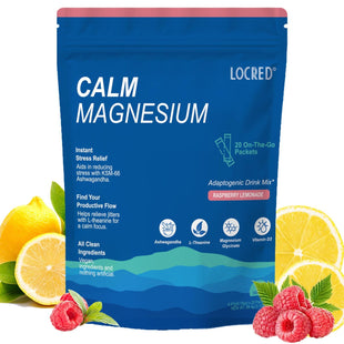 LOCRED Supercalm Powdered Drink Mix, Raspberry Lemonade, L Theanine, Ksm-66 Ashwagandha, Magnesium Glycinate, Vitamin D 3, Supplements for Relaxation & Focus, No Sugar, Non GMO, On The Go, 20 Ct