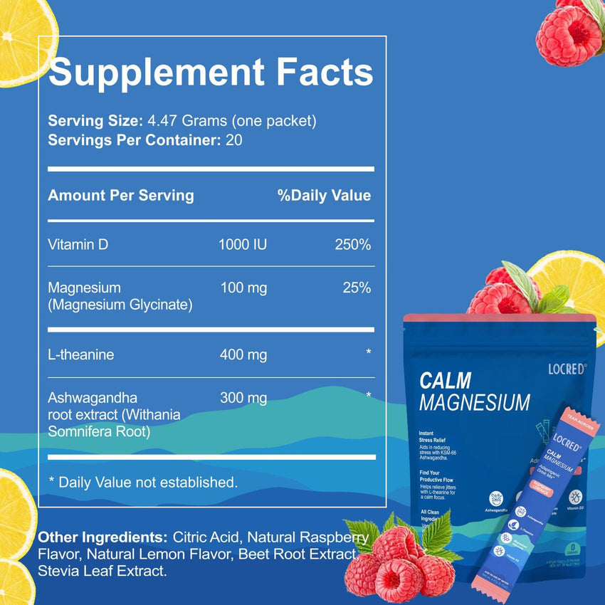 LOCRED Supercalm Powdered Drink Mix, Raspberry Lemonade, L Theanine, Ksm - 66 Ashwagandha, Magnesium Glycinate, Vitamin D 3, Supplements for Relaxation & Focus, No Sugar, Non GMO, On The Go, 20 Ct - 7DAY'S