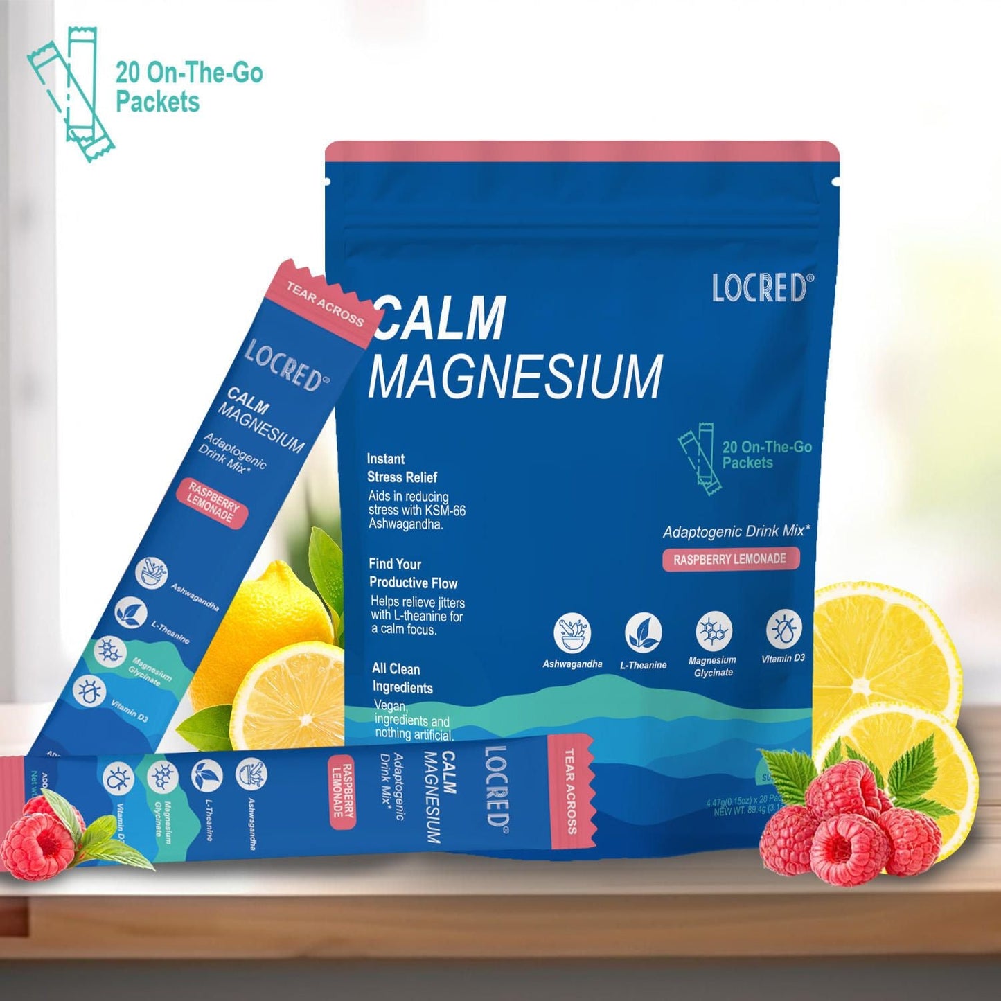 LOCRED Supercalm Powdered Drink Mix, Raspberry Lemonade, L Theanine, Ksm - 66 Ashwagandha, Magnesium Glycinate, Vitamin D 3, Supplements for Relaxation & Focus, No Sugar, Non GMO, On The Go, 20 Ct - 7DAY'S