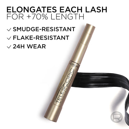 L'Oreal Paris Makeup Telescopic Original Lengthening Mascara, Blackest Black, 0.27 Fl Oz (1 Count) - 7DAY'S