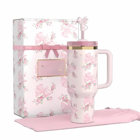 Love Shack Fancy Quencher Tumbler 40 oz Quencher H2.0 with box.40oz Tumbler with Handle,Double Wall Vacuum Reusable Stainless Steel Insulated Water Bottle,With Leak Proof lid and Straw (1, Pink)