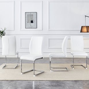 Luxury Simple Arch Chair - Set of 4 White PU Material High Resilience Dining Chair with Arched Metal Silver Leg.