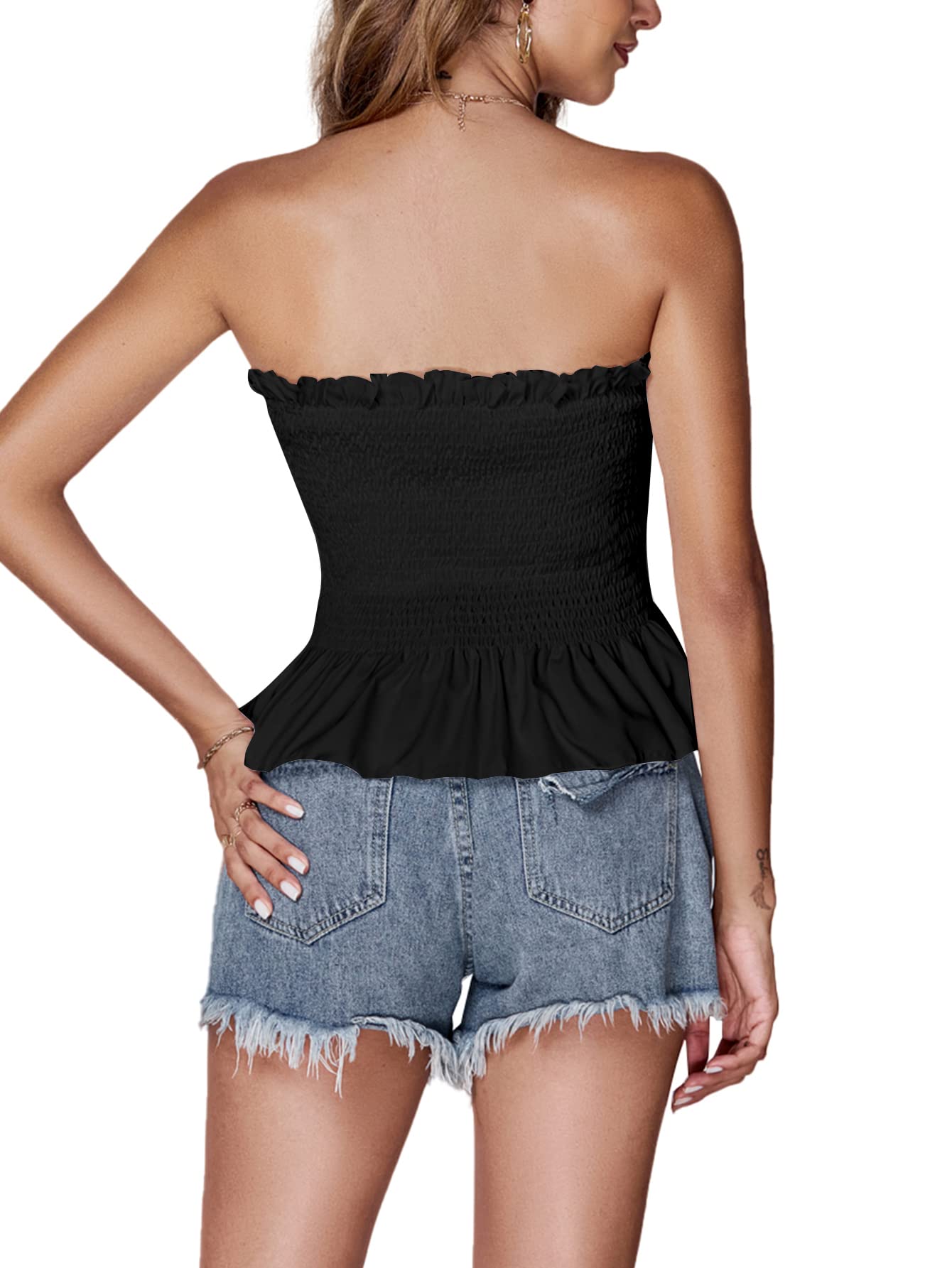 LYANER Women's Frill Shirred Ruffle Hem Strapless Tube Top Sleeveless Pleated Peplum Bandeau Blouse - 7DAY'S