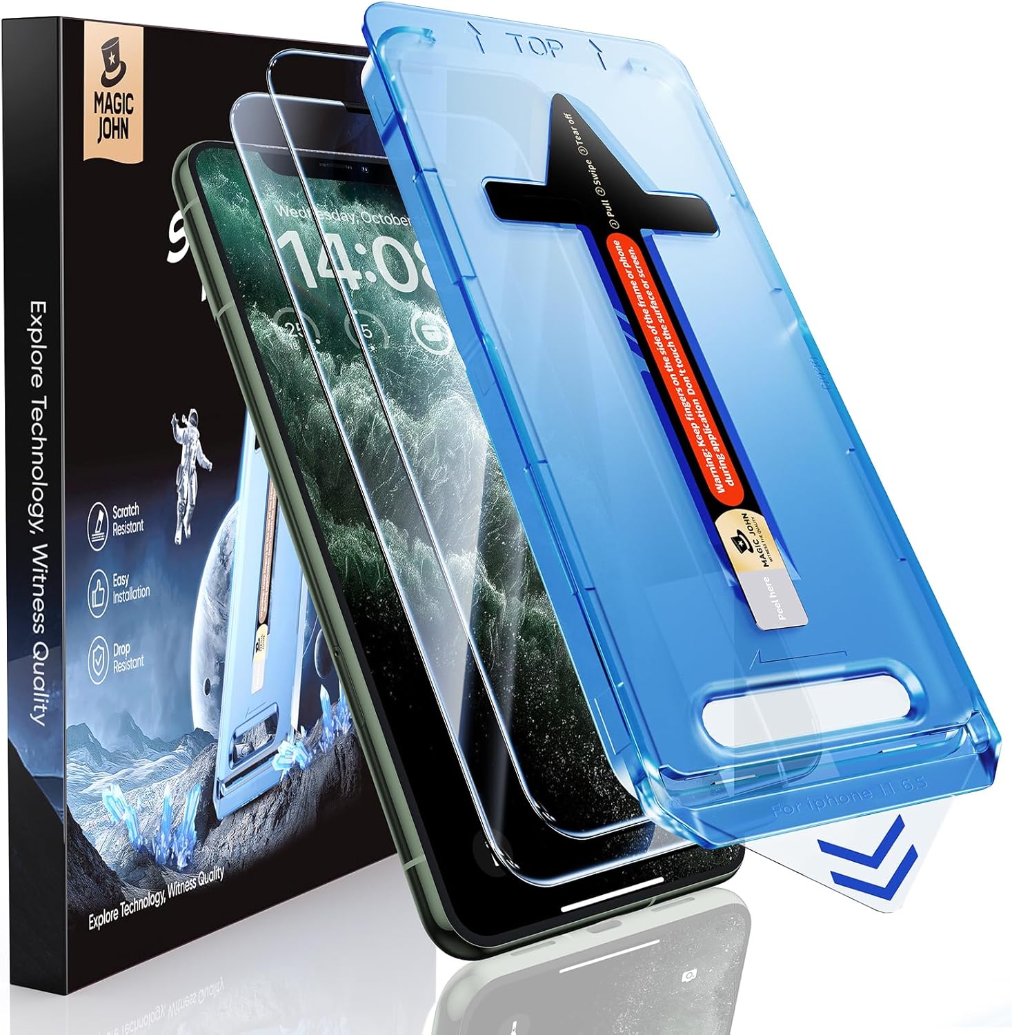 MAGIC JOHN 2 Pack for iPhone 11 Pro Max/XSMAX 6.5 inch Tempered Glass Screen Protector, Auto Dust - Elimination Installation, Bubble Free, HD Clear, Easy Installation - 7DAY'S