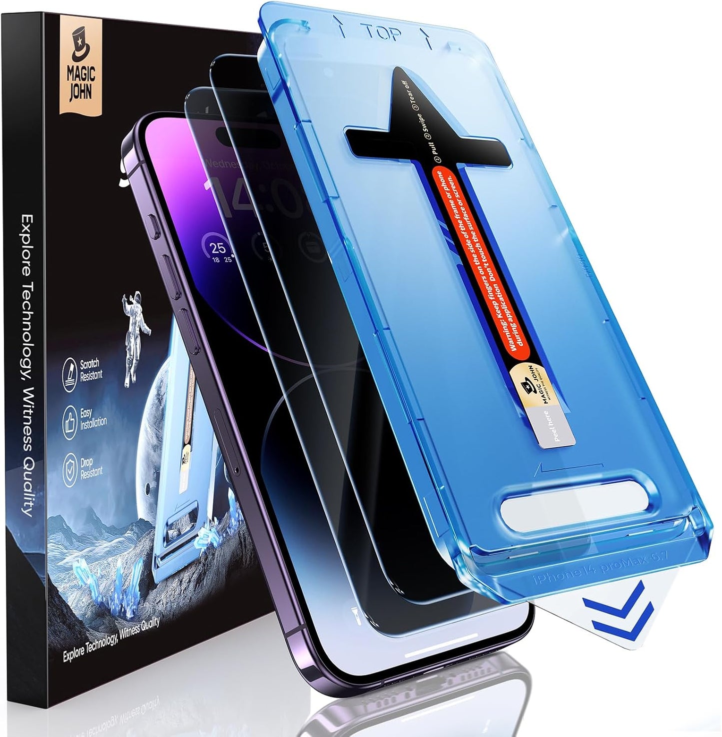 MAGIC JOHN 2 Pack for iPhone 14 Pro Max 6.7 inch Privacy Tempered Glass Screen Protector, Auto Dust - Elimination Installation, Easy Installation, Bubble Free - 7DAY'S