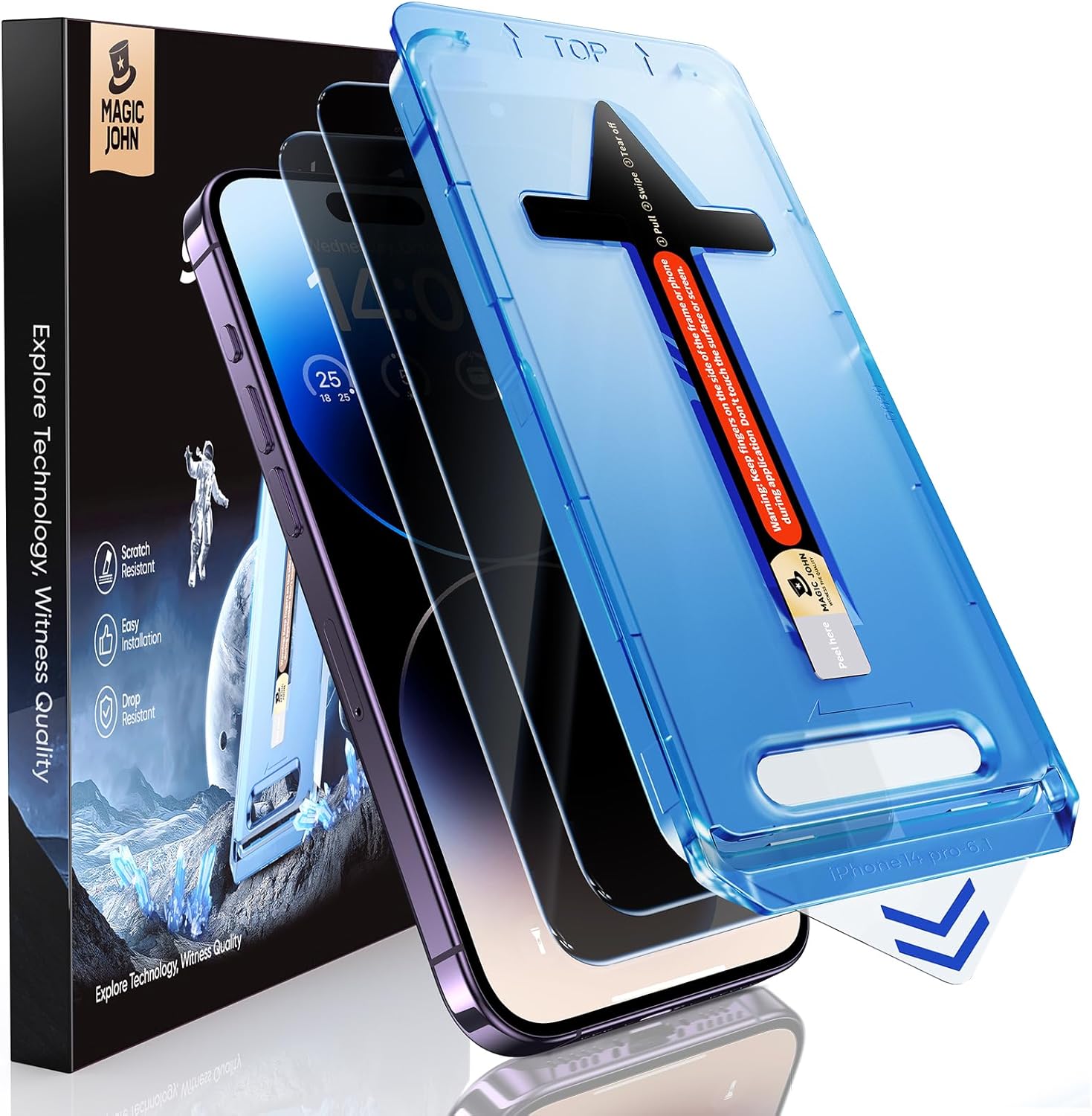 MAGIC JOHN 2 Pack for iPhone 14 Pro Privacy Screen Protector 6.1 inch[Not Max], Tempered Glass, Auto Dust - Elimination Installation, Bubble Free, Anti Scratch, Case Friendly - 7DAY'S